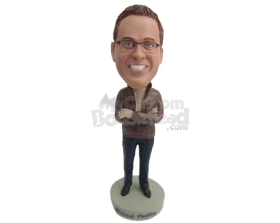 Custom Bobblehead Handsome Looking Man Wearing A Leather Jacket And Front-Flat Pant With Casual Shoes - Leisure & Casual Casual Males Personalized Bobblehead & Cake Topper Custom Bobblehead Handsome Looking Man Wearing A Leather Jacket And Front-Flat Pant With Casual Shoes - Leisure & Casual Casual Males Personalized Bobblehead & Cake Topper